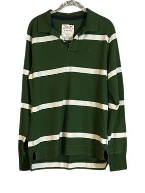 Cuffy of Cape Cod Green & White Striped Long Sleeve Rugby Polo Shirt